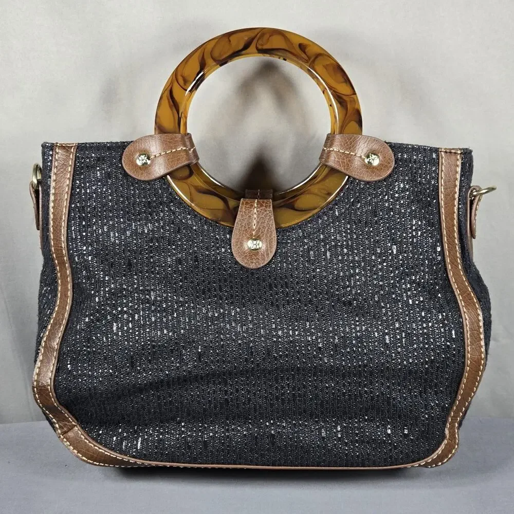 Relic‎ by Fossil Ring Handle Tote Black Woven Bag Brown Trim Tortoise Acrylic